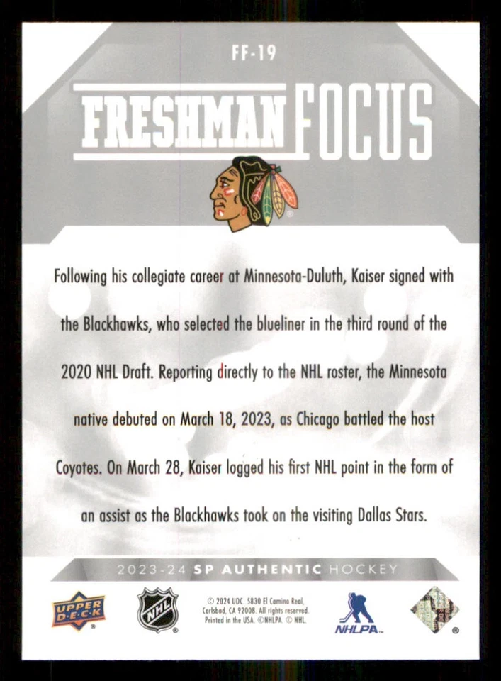 2023-24 SP Authentic Freshman Focus #FF19 Wyatt Kaiser - Image 2 of 2