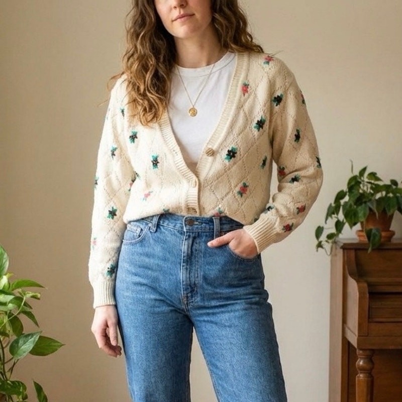 Vintage PS Sport Floral Knit Cardigan – Grannycore Sweater (Size S)