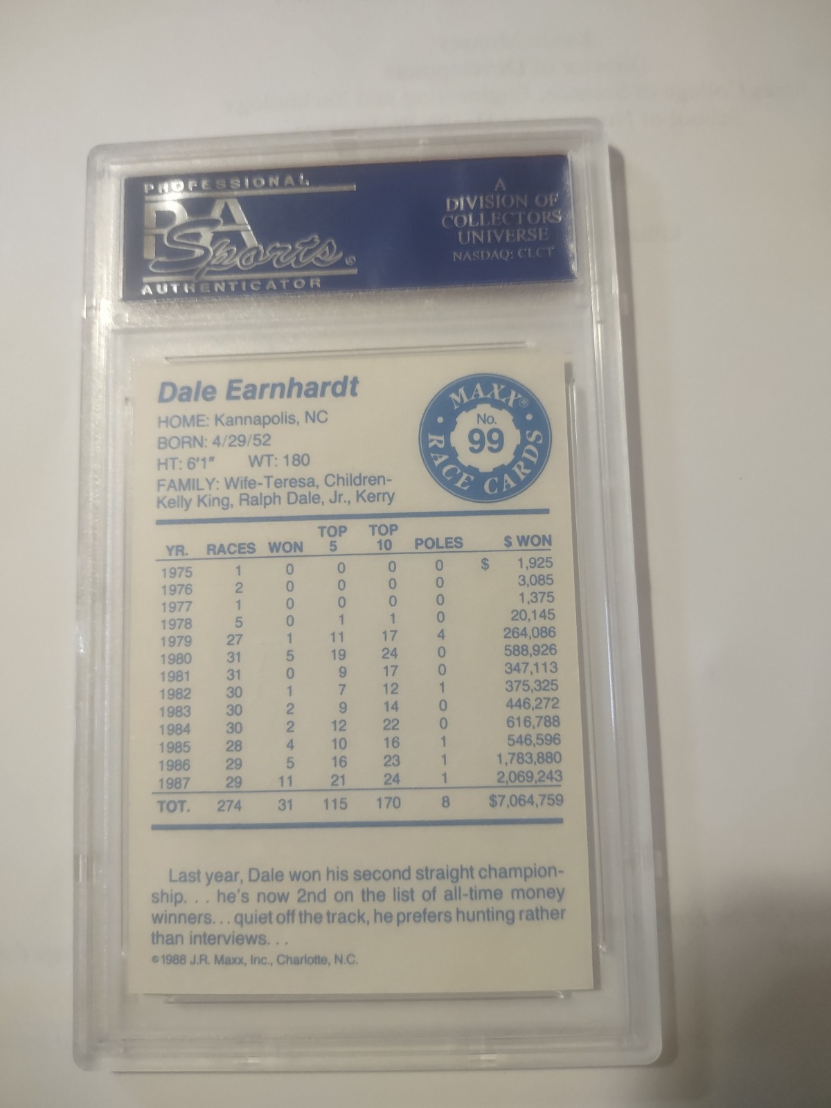 1988 Maxx Charlotte #99 Dale Earnhardt  Rookie PSA 10 Gem Mint view 2