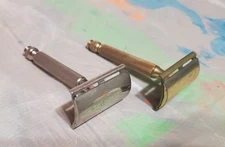 Lot of 2 Vtg Gillette Ball End Dbl Edge Safety Shaving Razors ~Gold/Silver-tone