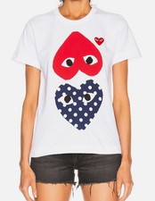 Comme des Gar ons PLAY Women's White Polka Dot Heart T-Shirt Tee Top Size M