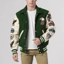 Varsity Baseball Letterman Wool and Genuine Leather Sleeves Jacket XS~7XL