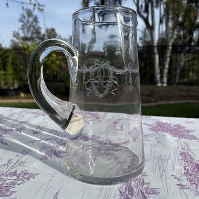Vtg Elegant/Holiday Hand Etched Clear Crystal Glass Tankard Style Pitcher-64 oz.