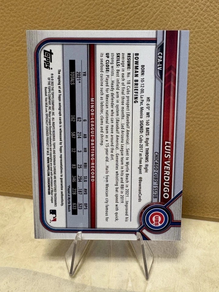 2022 1st Bowman Chrome Autograph Luis Verdugo #CPA-LV Yellow /75 - Image 2 of 2