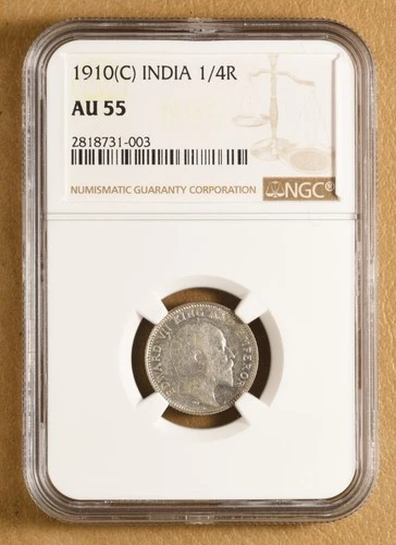 1910 C India 1/4 Rupee NGC AU55