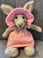 Handmade Knitted Bunny Stuffed Animal Pink Dress Bonnet Medium 14-24in