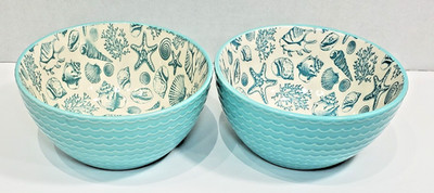 2 Pfaltzgraff  VENICE Cereal Soup Bowls Aqua Starfish Seashell Beach House Ocean
