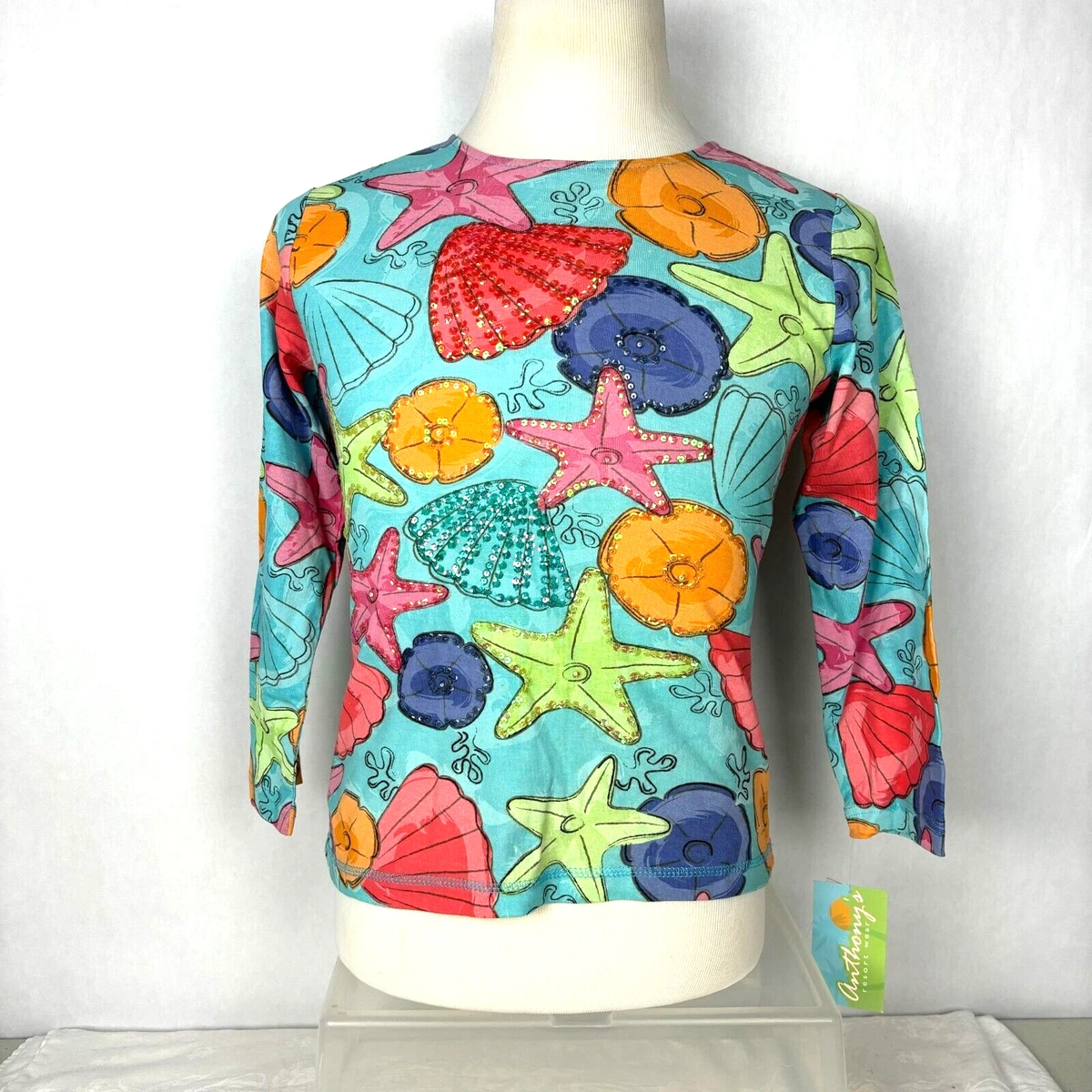 Anthony s Resort Wear Womens Top Small Long Sleeve Sea Shells