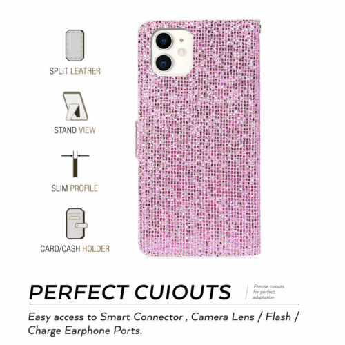 Bling Glitter Flip Leather Wallet Case For iPhone 7 8+11 12 13 14 15 16 Pro Max - Picture 8 of 29