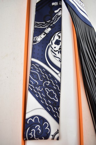 Hermes Scarf Twilly Festival Des Amazones Bandana Blue Noir Black Fringe Leather - Picture 8 of 10