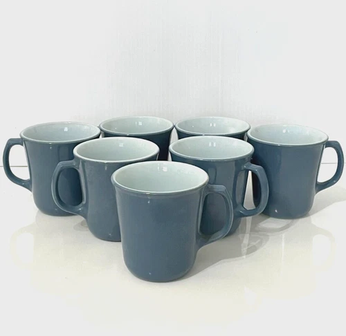 VTG Pyrex Corning Milk Glass Coffee Mugs Blue D-Handle Cups SET OF 7 8oz JCS