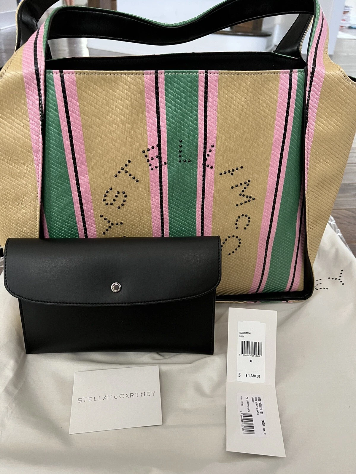 Stella McCartney — Stella McCartney Logo Striped East-West Tote Bag Green $1330