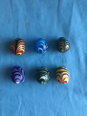 6 New Miniature Hand-Blown Multi-Colored Swirl Striped Glass Eggs ~Very Rare~