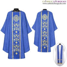 NEW BLUE Gothic Vestment and Stole set IHS Embroidery, Casula, Casel, Chasuble
