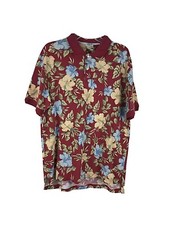 LL Bean Hawaiian Floral Print Short Sleeve Cotton Knit Polo Shirt Red Men's L