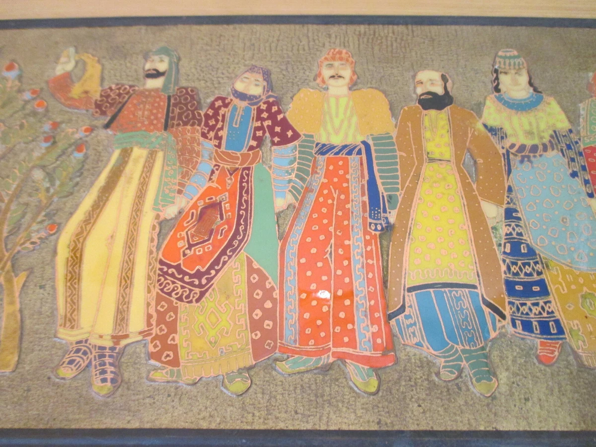 Altes Wandbild Bild Russische Emaille auf Kupfer Feierszene mit russ. Trachten