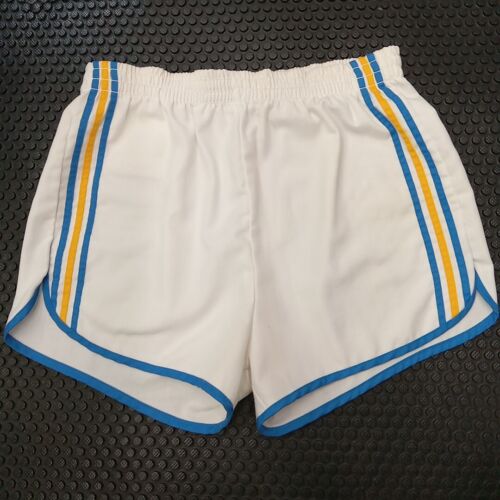 Vintage 1970s Striped Sport Shorts L White / Blue… - image 1