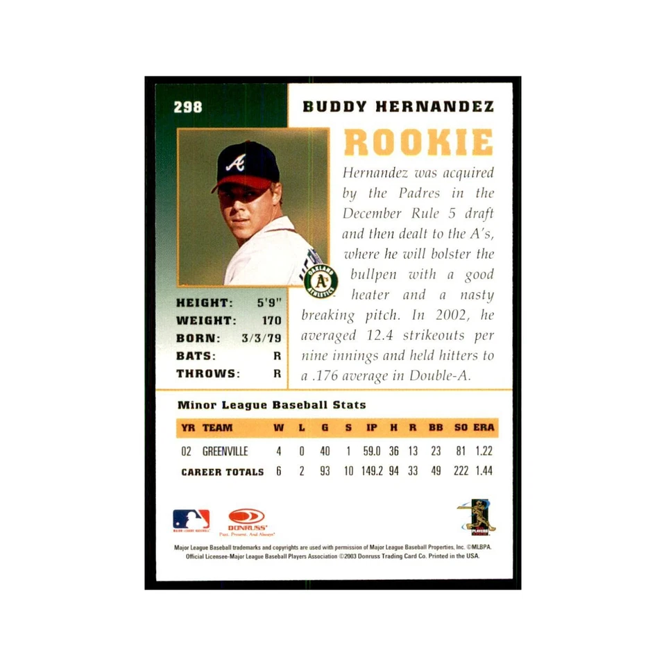 2003 Donruss Champions Buddy Hernandez Baseball Cards #298 - Image 2 of 3