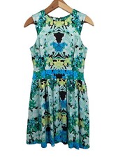 Vince Camuto Dress Size 4 Satin Fit And Flare Blue Floral Mini Sleeveless Party