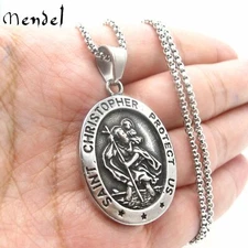 MENDEL Mens St Saint Christopher Medal Pendant Necklace Stainless Steel Amulet