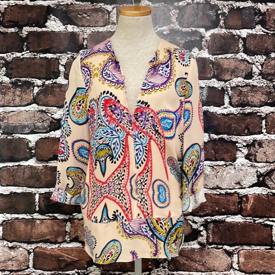 Rory Beca 束腰上衣衬衫女式 S 小号米色红色蓝色 V 领长袖丝绸 — 第 4/4 张图片