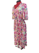 Curvaceous Plus Size 18 Pink Floral Rayon Maxi Dress Tie Waist Pockets