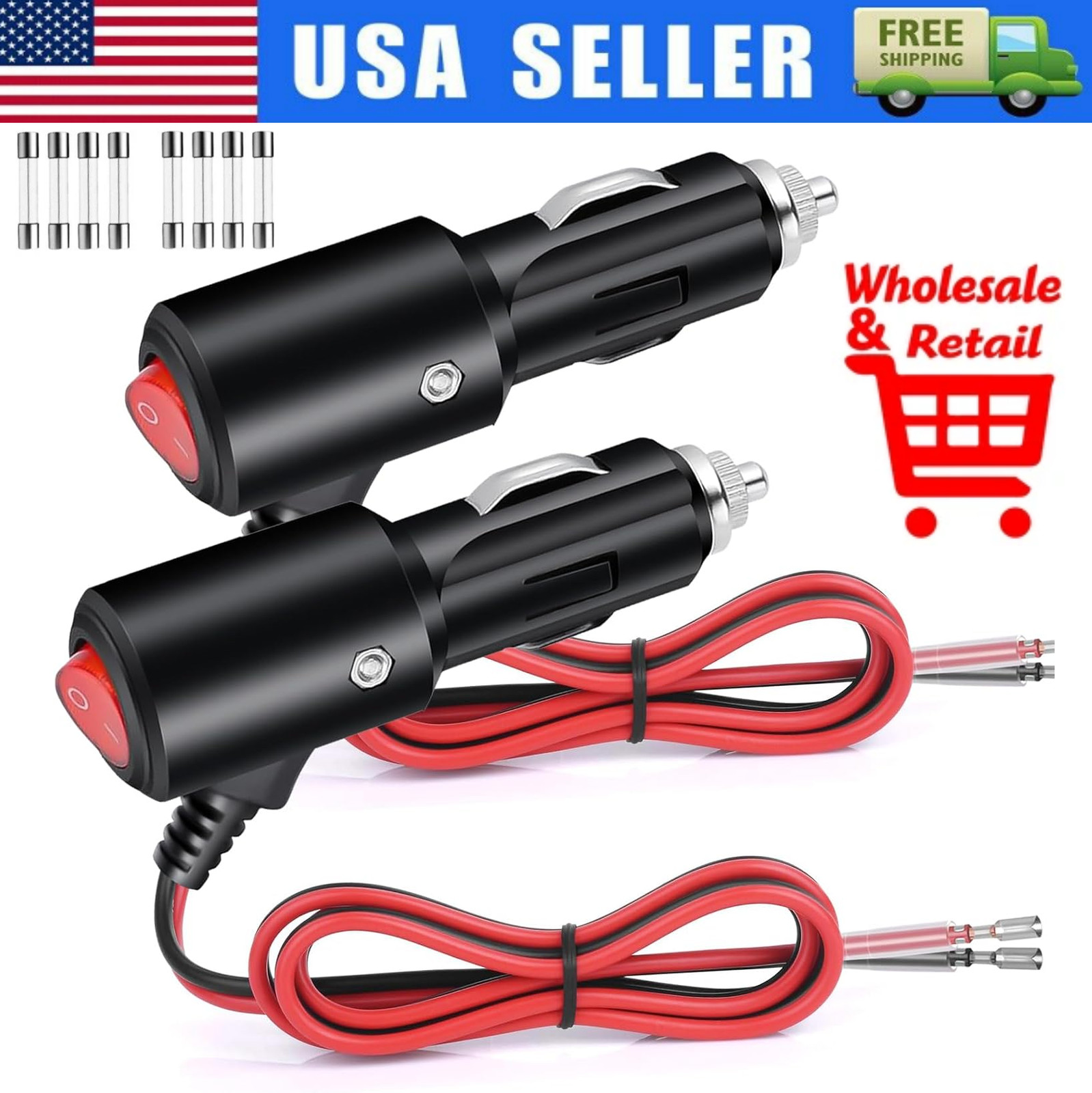 12-24V Fused LED Car Cigarette Lighter Plug Socket Cable Adapter w/ Switch LOT
