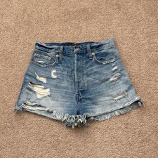 Abercrombie  Fitch High Rise Blue Distressed Raw Hem Denim Jean Shorts Size 25