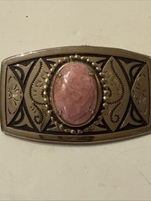 Vintage Gold Tone Western Belt Buckle With oval pink rhodonite Cabachon Stone