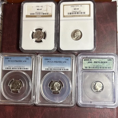 Closeout! 5 Different Certified   Roosevelt Dimes 1 is PR70 & 1 Silver. SS1076