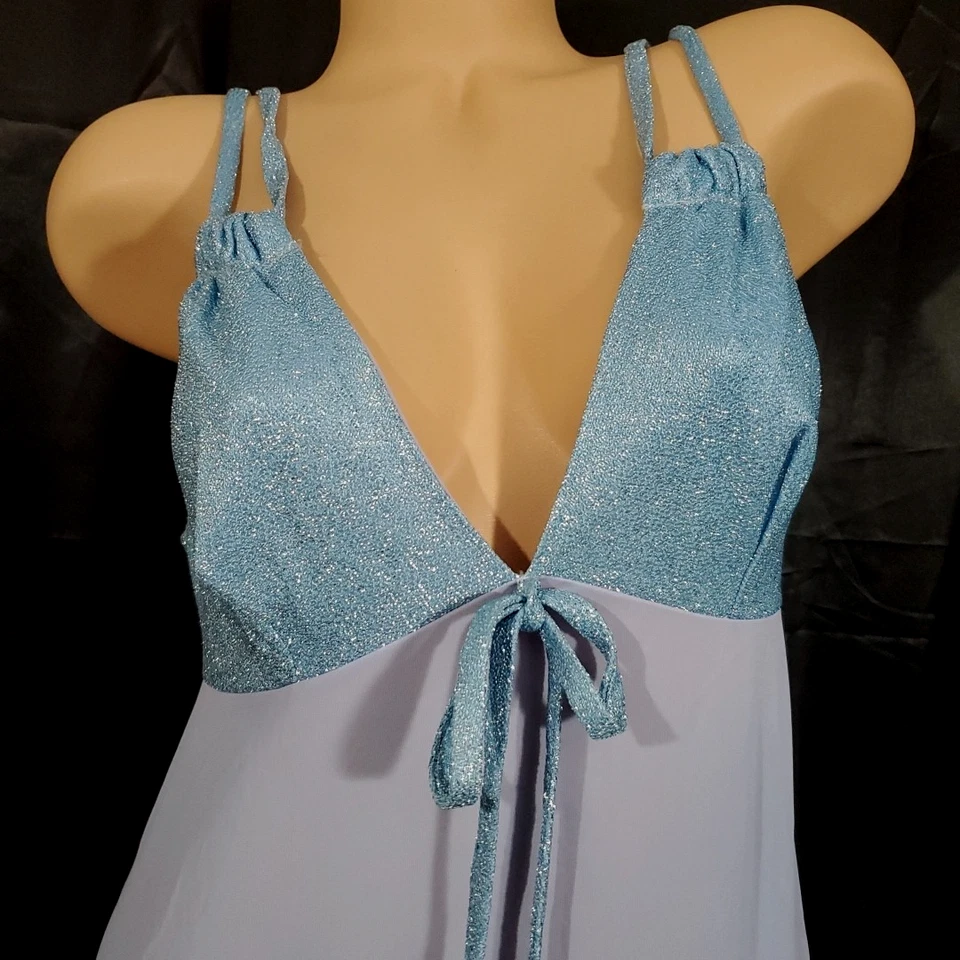 Vintage BEELINE Long Hostess Slip Dress SPARKLING BLUE MAXI Plunge Neck MEDIUM - Image 2 of 4