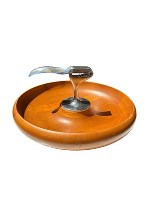 Millbern MCM Brown Wooden Bowl with Metal Nutcracker Catchall Vintage Retro