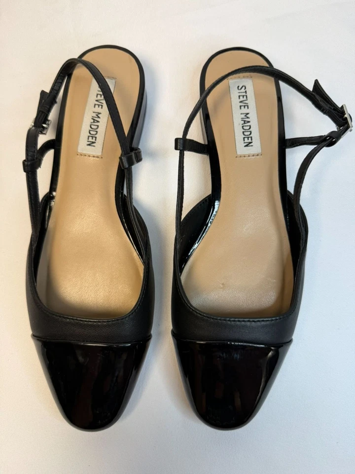 Steve Madden Belinda Flats Black Size 7 Cap Toe Leather Slingback Low Heel Shoes - Image 3 of 4