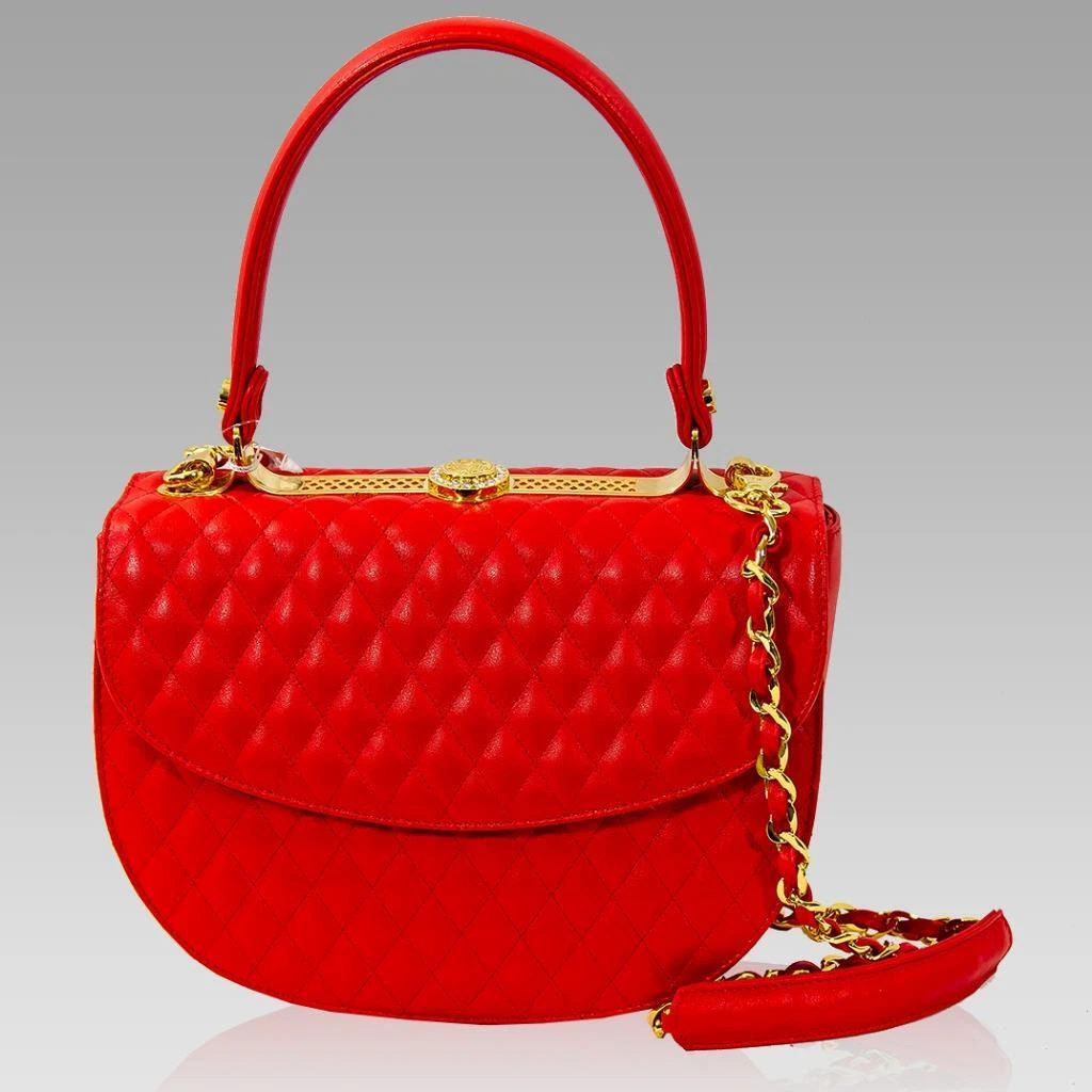 Valentino Orlandi Top Handle Bag Passion Red Quilted Leather Moon Purse  w/Chain