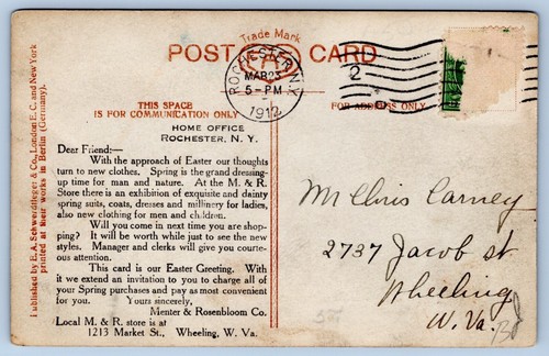 Tarjeta publicitaria RPPC c1912 Easter Chicks M & R Store Wheeling West Virginia - Imagen 2 de 2