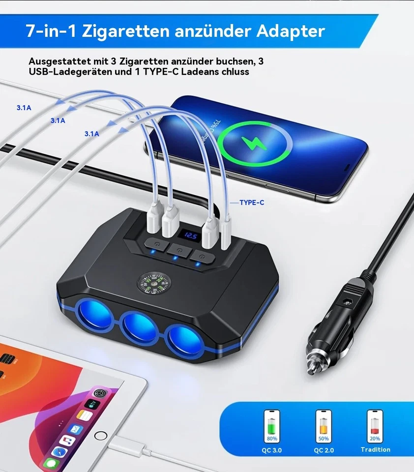 12/24V LED Verteiler Dose Zigarettenanzünder Mehrfachstecker USB TypeC Steckdose - Bild 3 von 4