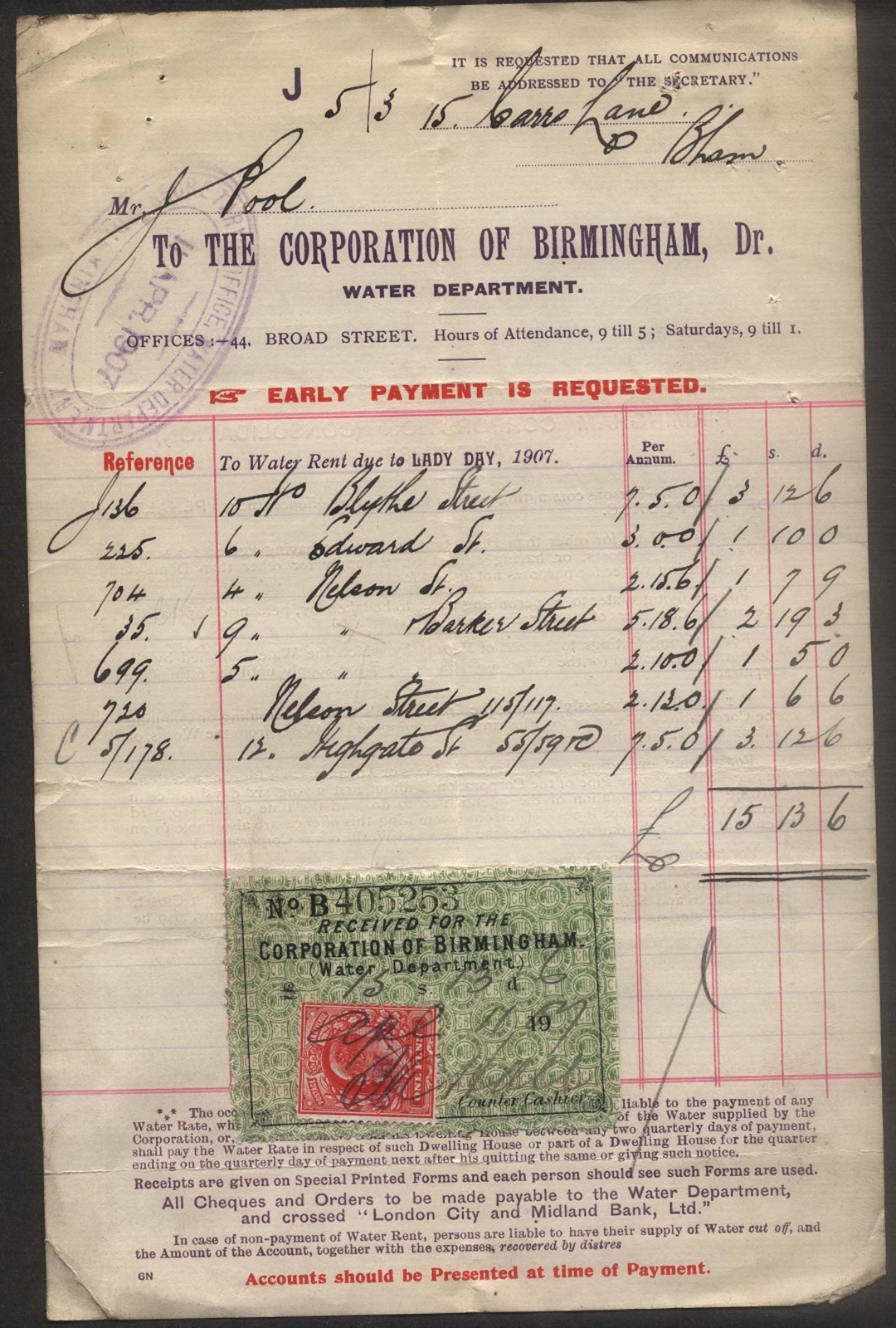 1907 BIRMINGHAM CORPORATION WATER DEPT. BILLHEAD FOR VARIOUS PROPERTIES