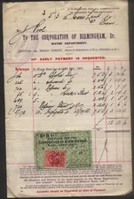 1907 BIRMINGHAM CORPORATION WATER DEPT. BILLHEAD FOR VARIOUS PROPERTIES