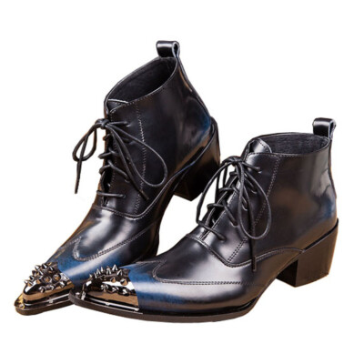 New Men's Real Leather Western Ankle Boots Pointed Metal Toe