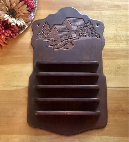 Vintage Thimble Holder Wood Wall Display Carved Gris Mill Water Wheel Holds 35