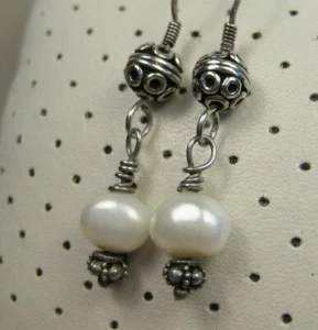 Vintage Sterling Silver Beaded Baroque Cream White Pearl Dangle Hook Earrings