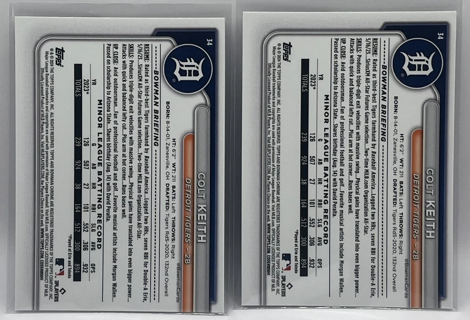 2024 Bowman Chrome COLT KEITH RC Rookie #34 Detroit Tigers 2 CARD LOT - Image 2 of 2