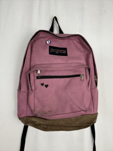 Jansport Backpack Pink Brown Suede Bottom Stains Writing 18x13x6 - Picture 1 of 21