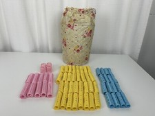 Vintage Hair Curlers Wil-Hold Pink Rollers Plastic Blue Yellow Storage Bag LOT