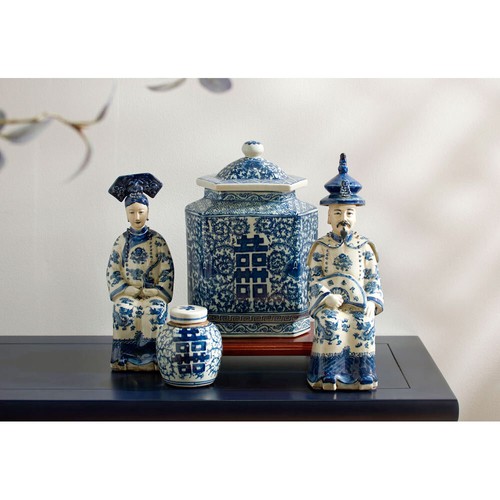 US SELLER - Blue and White Porcelain Qing Emperor and Empress Chinese Statue Set - 第 3/3 張圖片