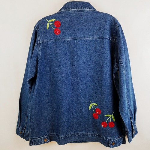 Quacker Factory Cherry Denim Jacket MEDIUM Bust 44" Cotton Sequins Bling Whimsy - Picture 6 of 10