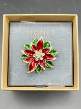 Monet Christmas Holiday Brooch Pin Jewel Enamel Gold Poinsettia New in Box 1.75"