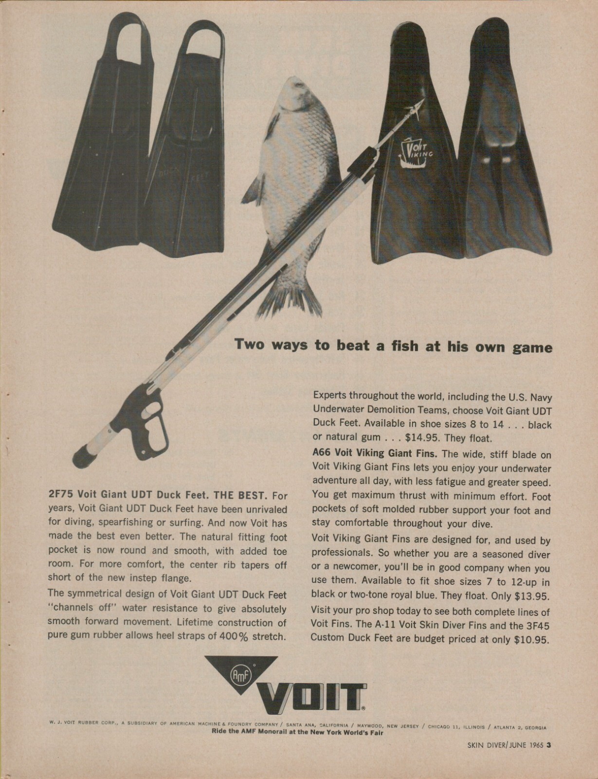 1965 Voit Giant UDT Duck Feet Viking Fins Spear Gun Fish Diver VINTAGE PRINT AD