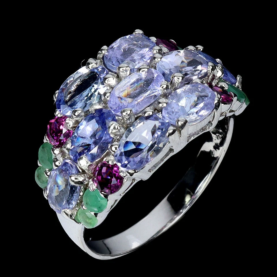 925 Anello Argento Sterling Ovale Tanzanite Smeraldo Rodolite Gemma Gioielli 9 - Immagine 2 di 4