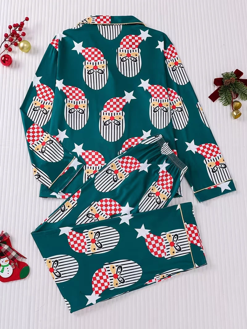 Dapper Santa & Star Print Long Sleeve Pajama Set 3D All Over Print